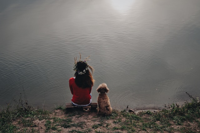 Woman sitting beside her small dog by the water in a calm moment.